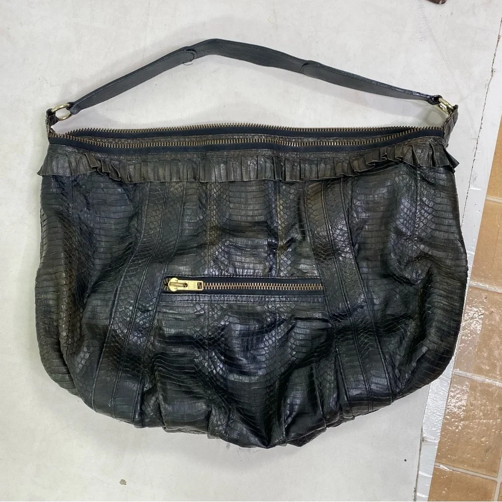 Angel Jackson XL python snakeskin fringe leather shoulder bag tote